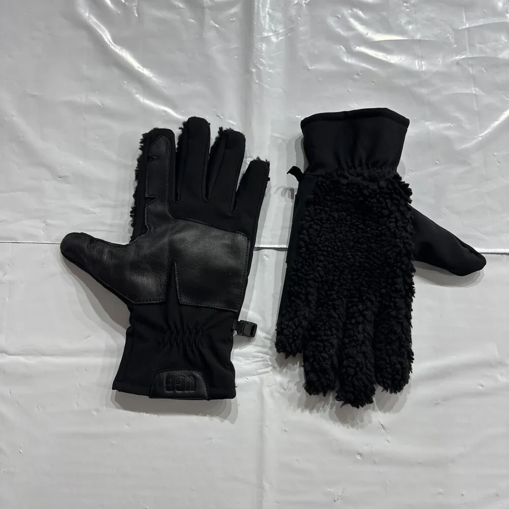 UGG Australia Fleece Fur Gloves Womens Small Black Leather Winter Outdoor CEB765